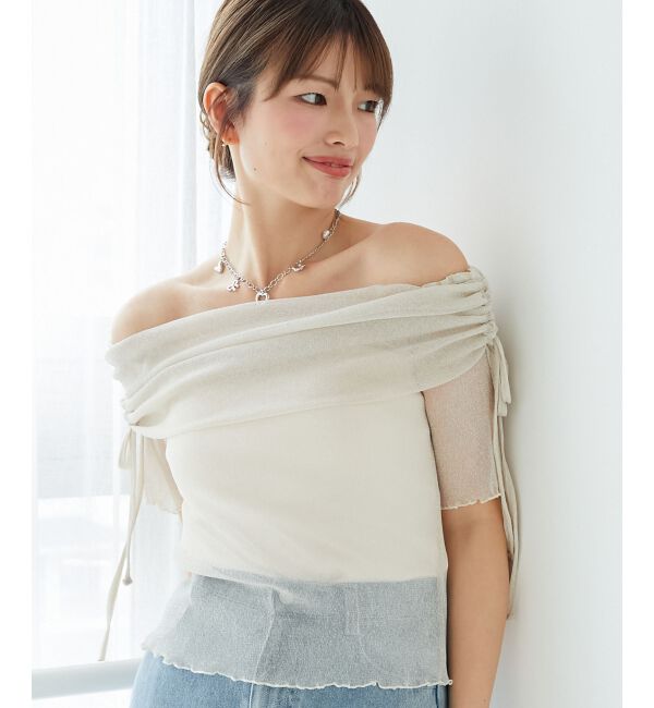  「&infin;ラメチュールオフショル半袖トップス」|Tシャツ・カットソー|