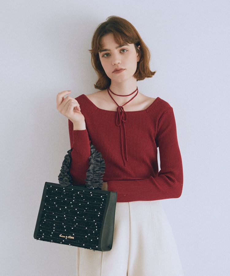 Maison de FLEUR「LINTONツイードスクエアフリルトートバッグ」|トートバッグ|ブラック