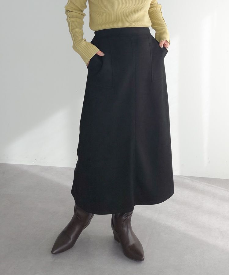 Green Parks「なめらかタッチスウェード調Iラインスカート」|タイト|Black