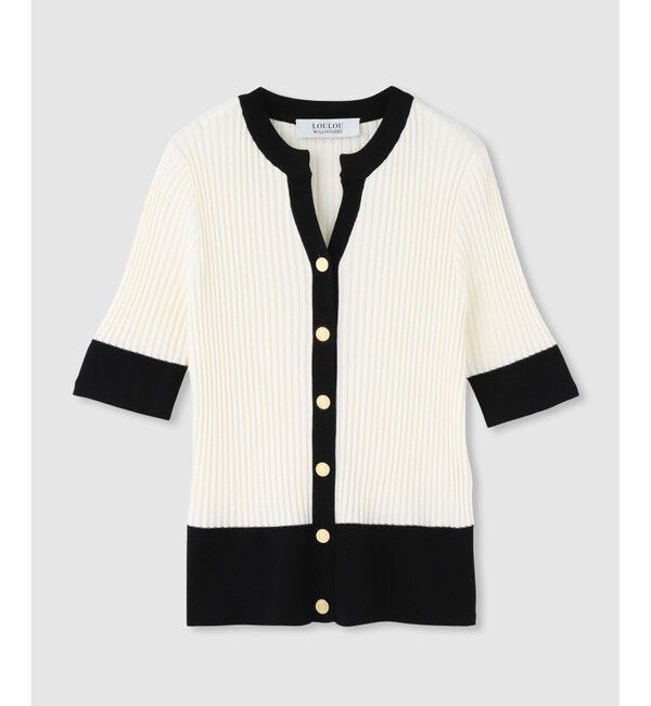 LOULOU WILLOUGHBY「◇ 【LOULOU WILLOUGHBY】バイカラーキーネック5分袖カーディガン」|カーディガン|オフホワイト