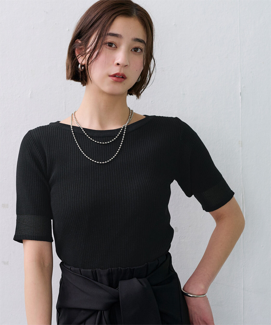 ur's「袖口シアー5分袖リブニット」|ニット・セーター|ブラック