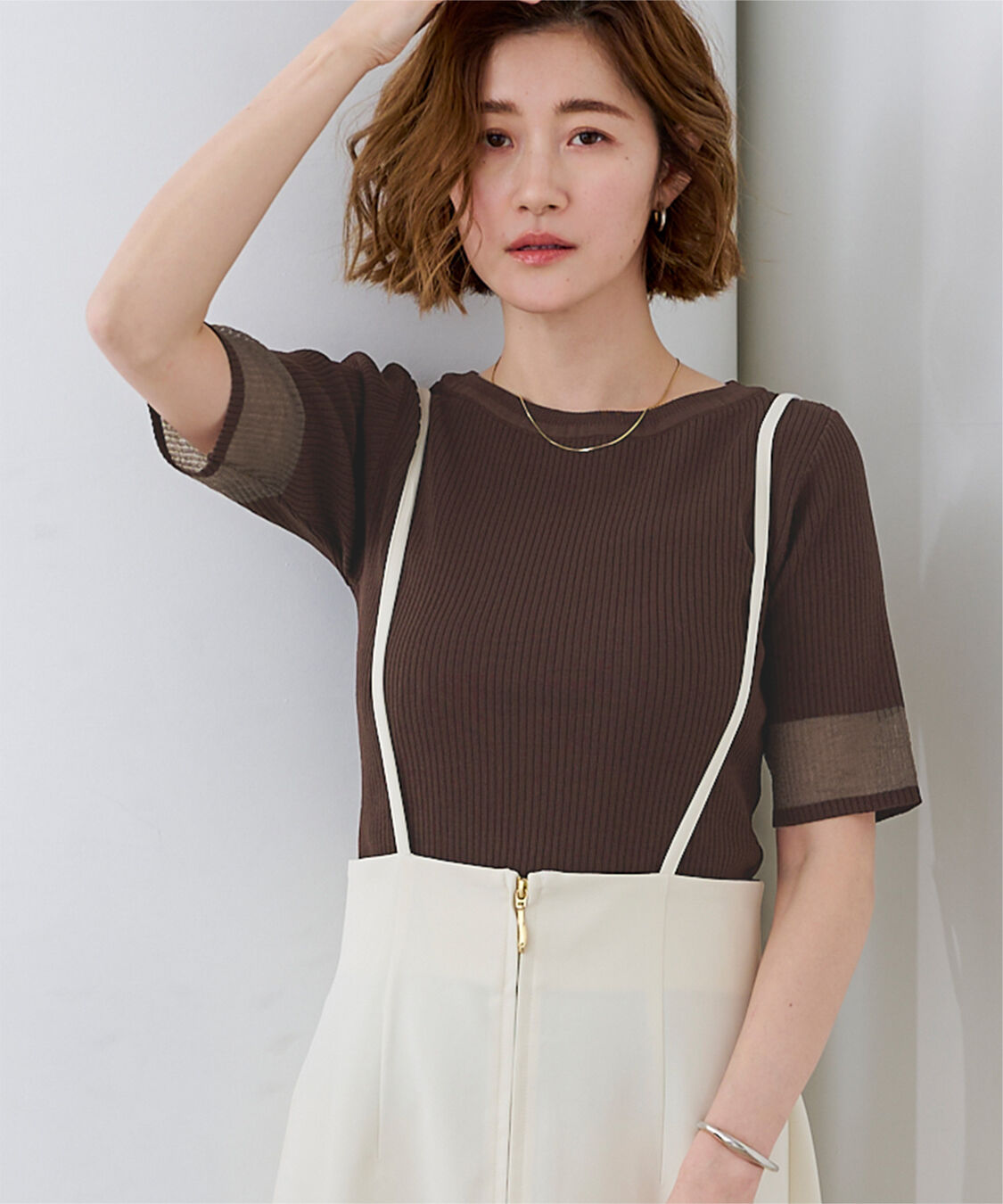 ur's「袖口シアー5分袖リブニット」|ニット・セーター|