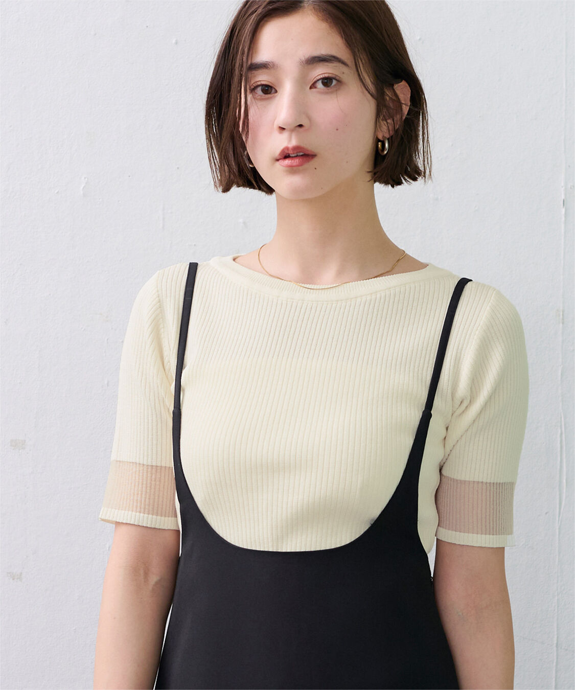 ur's「袖口シアー5分袖リブニット」|ニット・セーター|ホワイト