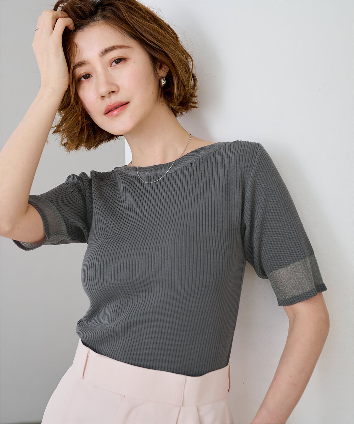 ur's「袖口シアー5分袖リブニット」|ニット・セーター|