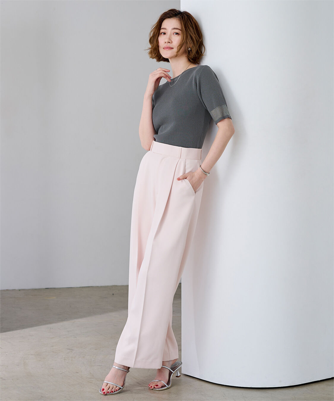 ur's「袖口シアー5分袖リブニット」|ニット・セーター|