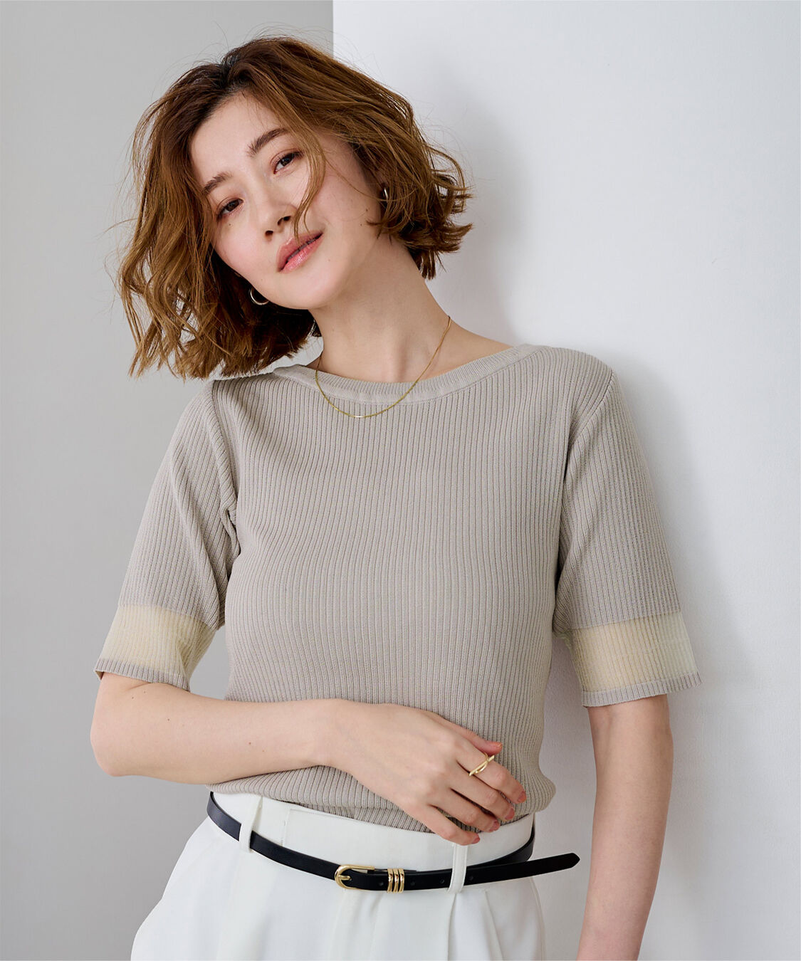 ur's「袖口シアー5分袖リブニット」|ニット・セーター|