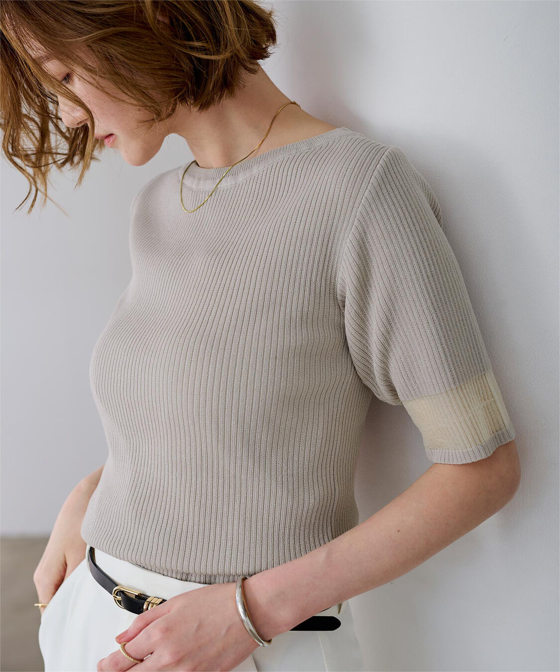 ur's「袖口シアー5分袖リブニット」|ニット・セーター|