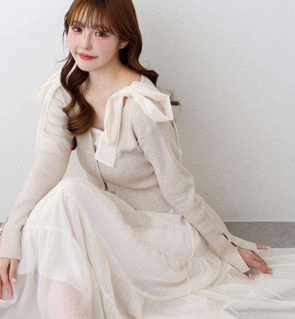  「【肩リボン取り外し可能】カーディガンセット２枚セットワンピ」|ワンピース|