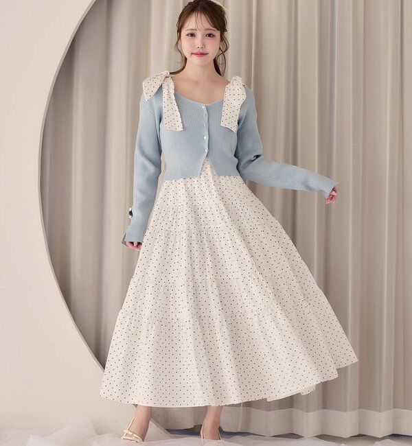  「【肩リボン取り外し可能】カーディガンセット２枚セットワンピ」|ワンピース|