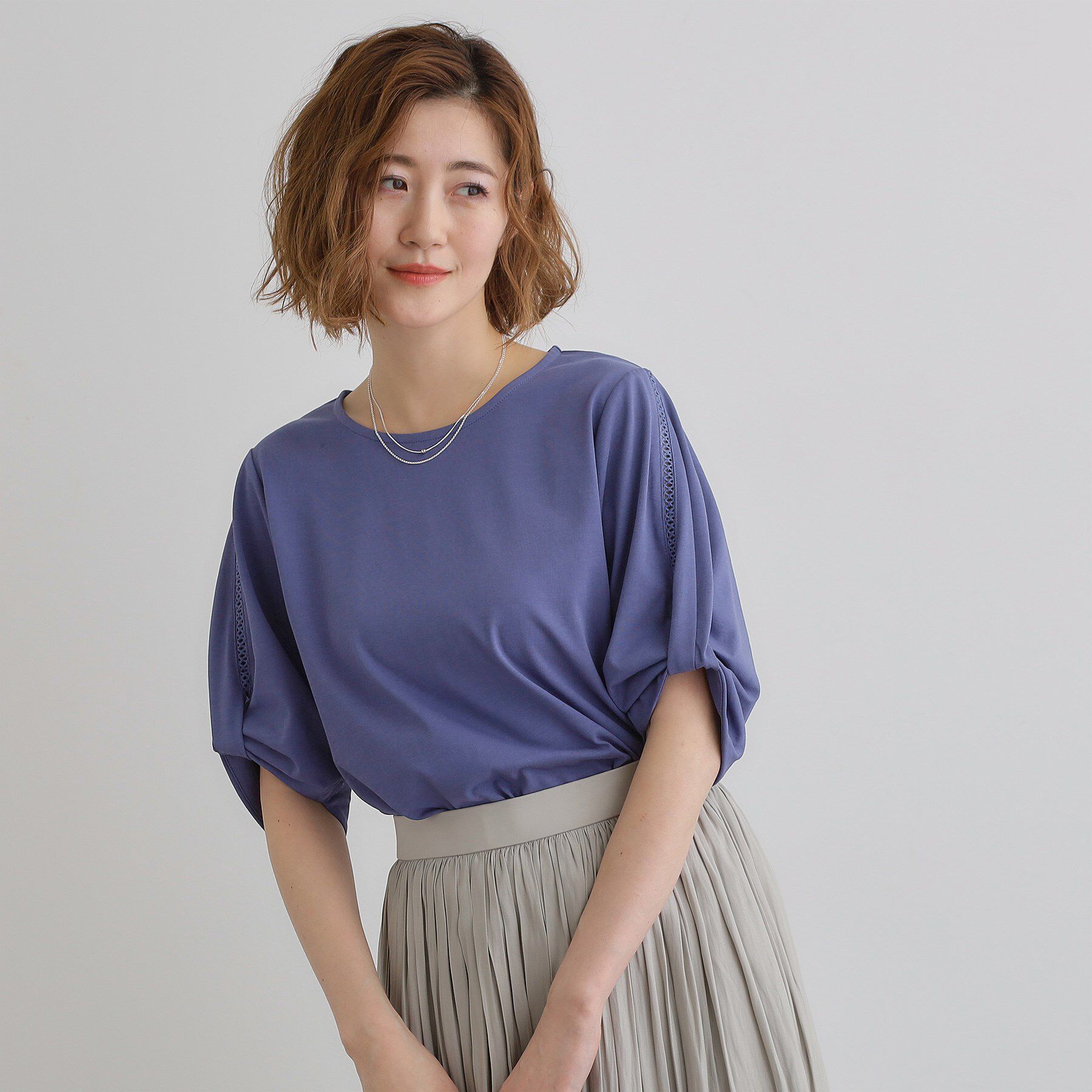 grove「【接触冷感・UVカットetc】レース切替え袖ねじりプルオーバー」|Tシャツ・カットソー|ブルー(092)