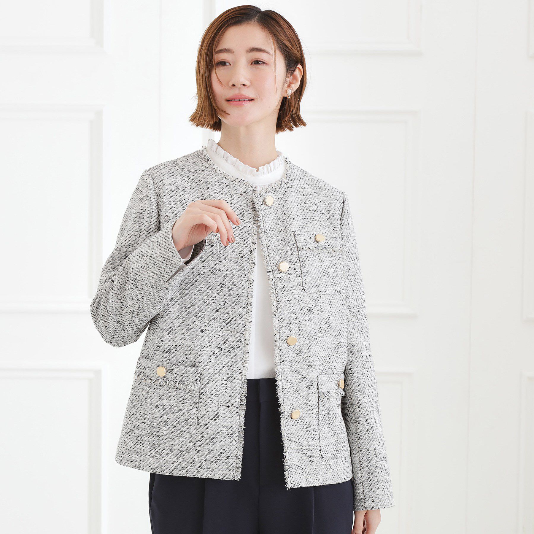 grove「【ハレの日・通勤】きちんとからカジュアルまで着回せる、ミドル丈ツイードジャケット」|ノーカラージャケット|