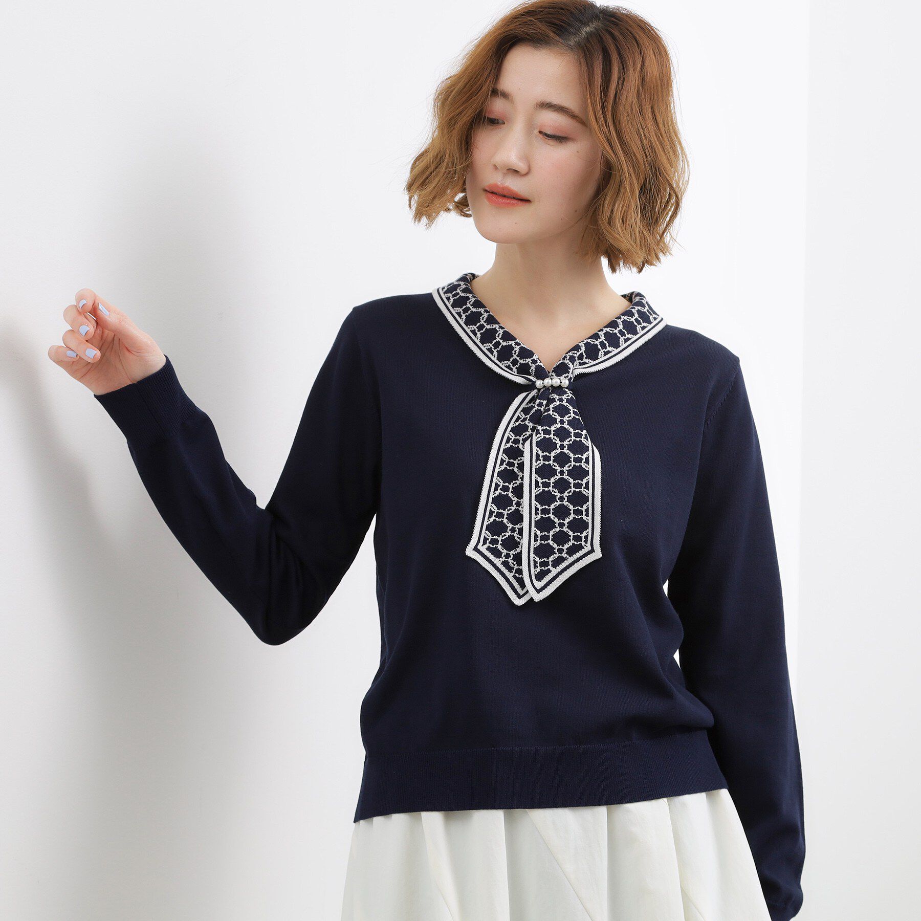 grove「ディテールで差がつく　大人のスカーフ柄ボウタイニット」|ニット・セーター|