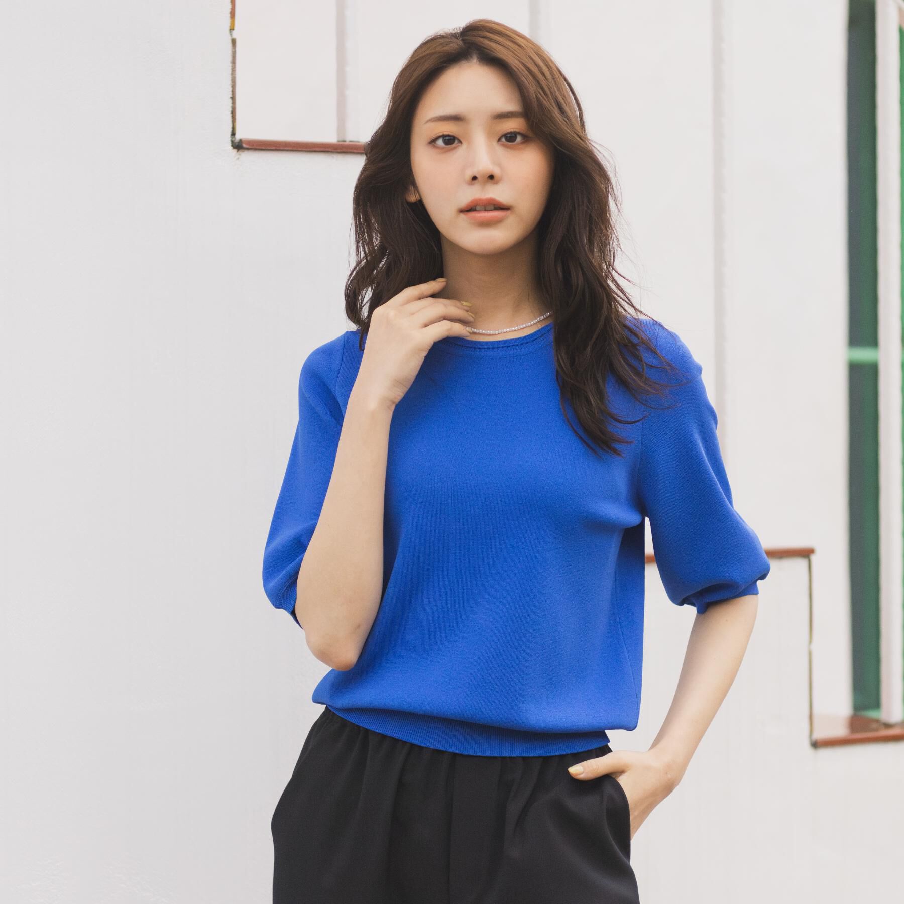 grove「【貴島明日香さん着用・シリーズ累計34万枚】やわらかドライタッチ 五分袖クルーネックニット」|ニット・セーター|