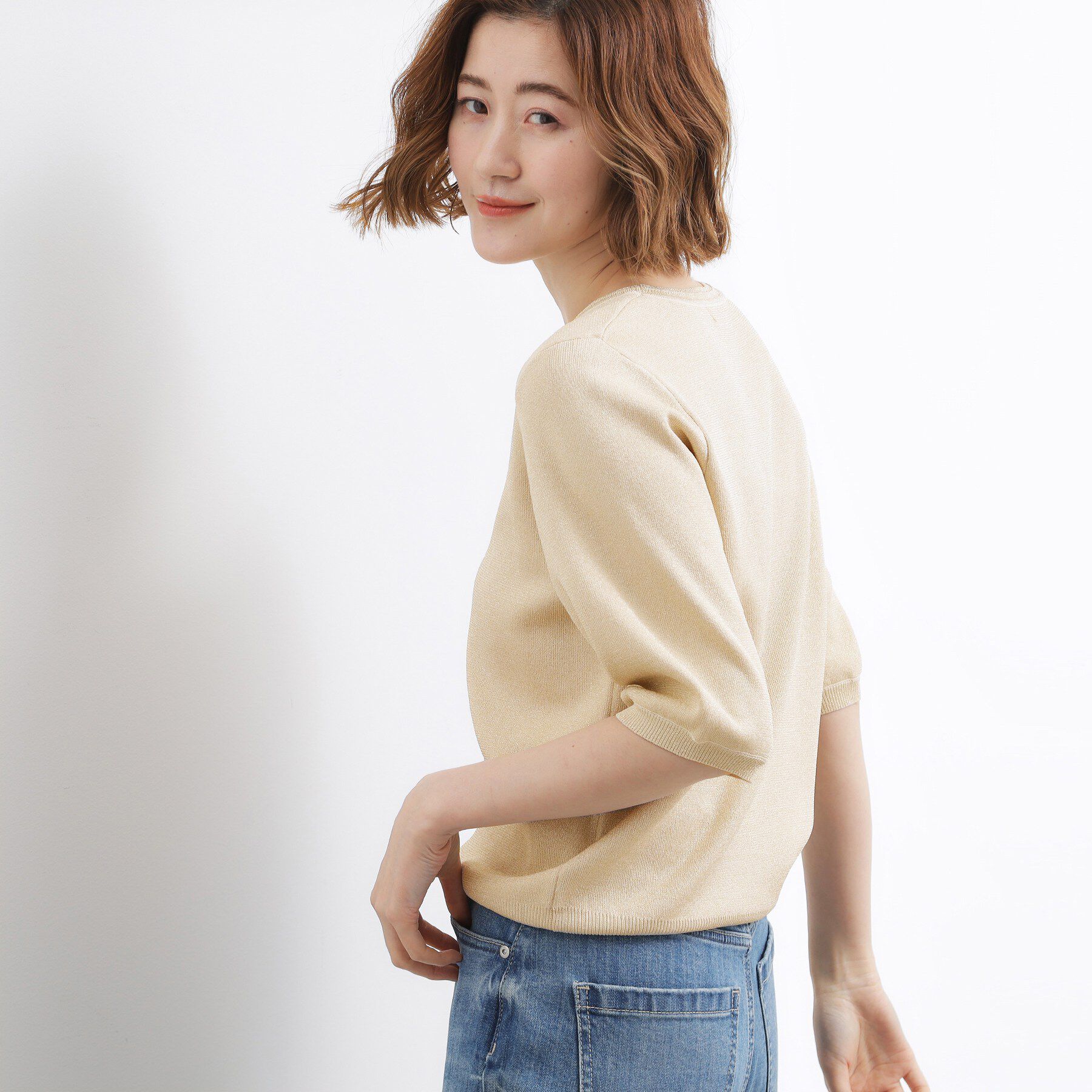 grove「【貴島明日香さん着用・シリーズ累計34万枚】やわらかドライタッチ 五分袖クルーネックニット」|ニット・セーター|