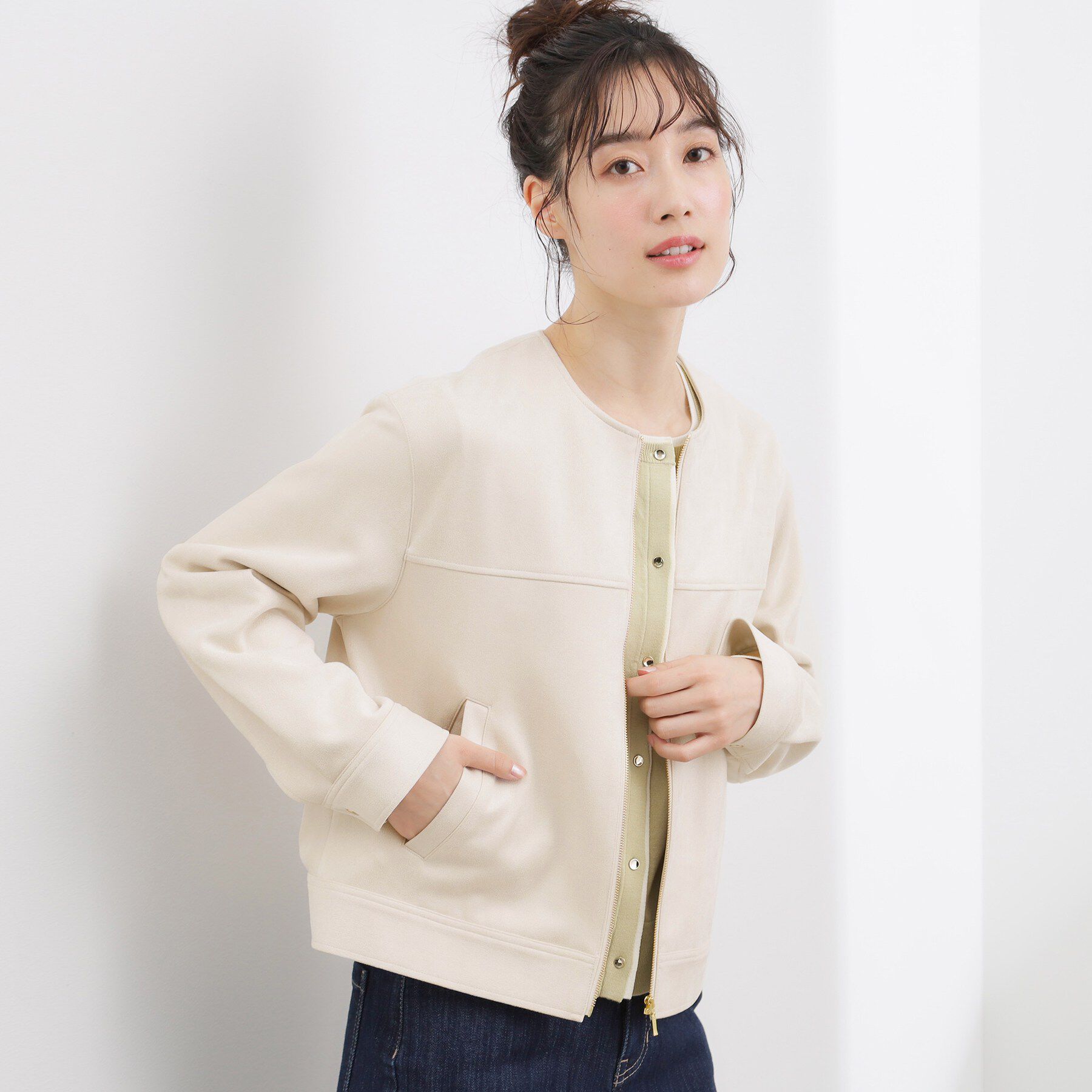 grove「スエードライク ノーカラーブルゾン」|ノーカラージャケット|