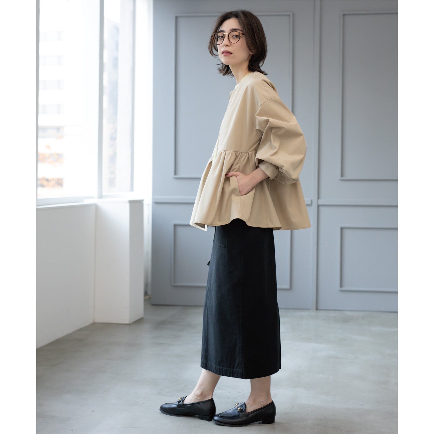 OPAQUE.CLIP「撥水ノーカラーペプラムブルゾン【洗濯機洗い可/花粉対応】」|ノーカラージャケット|