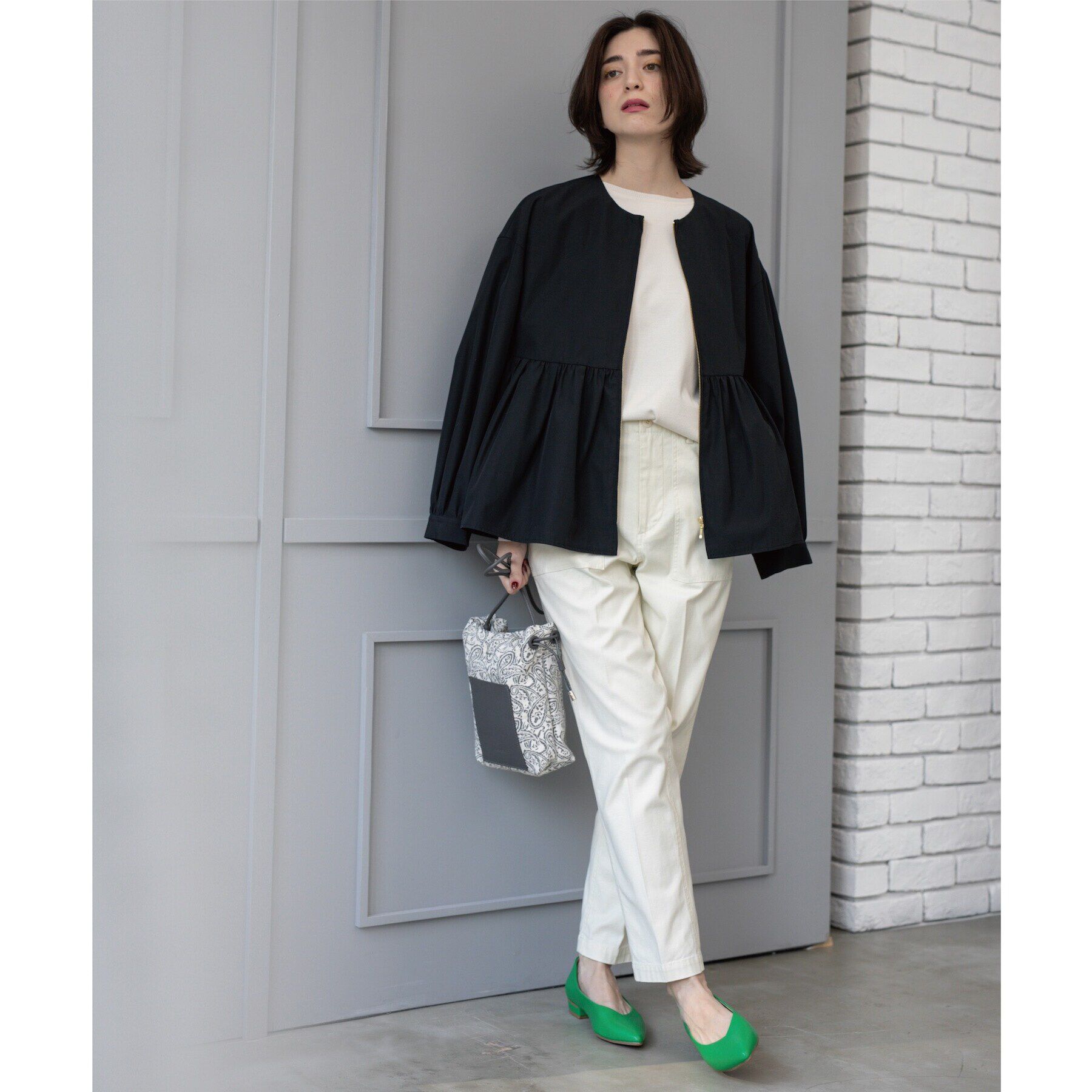 OPAQUE.CLIP「撥水ノーカラーペプラムブルゾン【洗濯機洗い可/花粉対応】」|ノーカラージャケット|