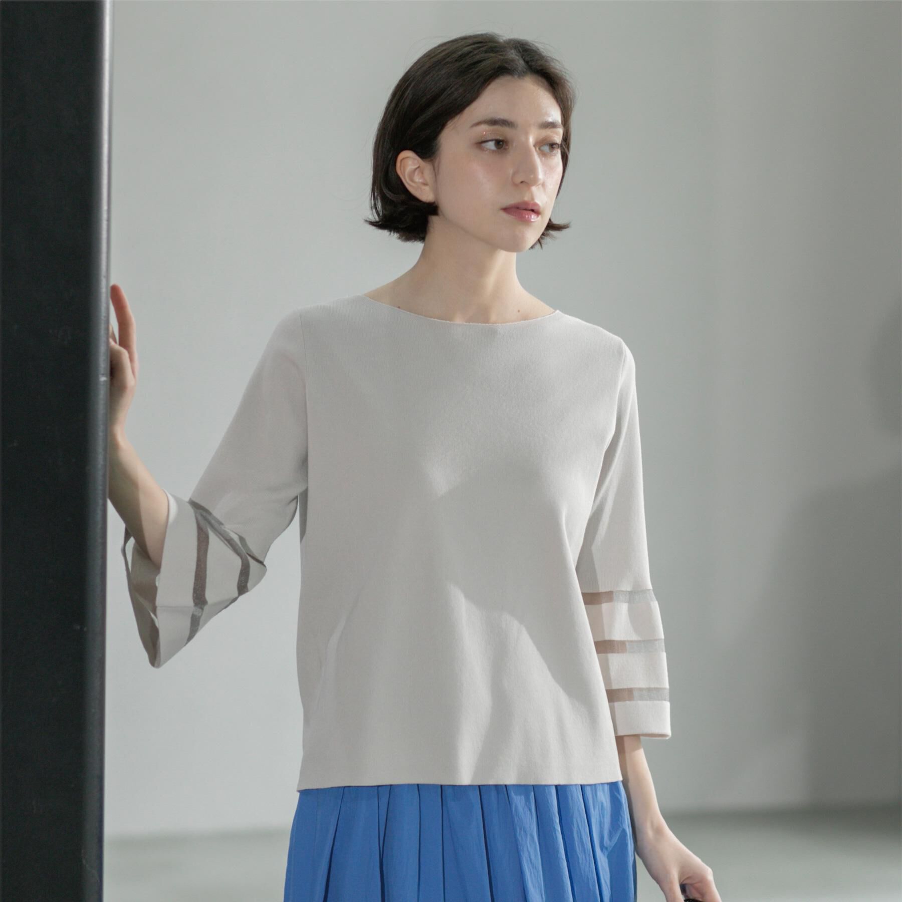 OPAQUE.CLIP「《6色展開》シアーボーダーフレアスリーブニット【洗濯機洗い可】」|ニット・セーター|