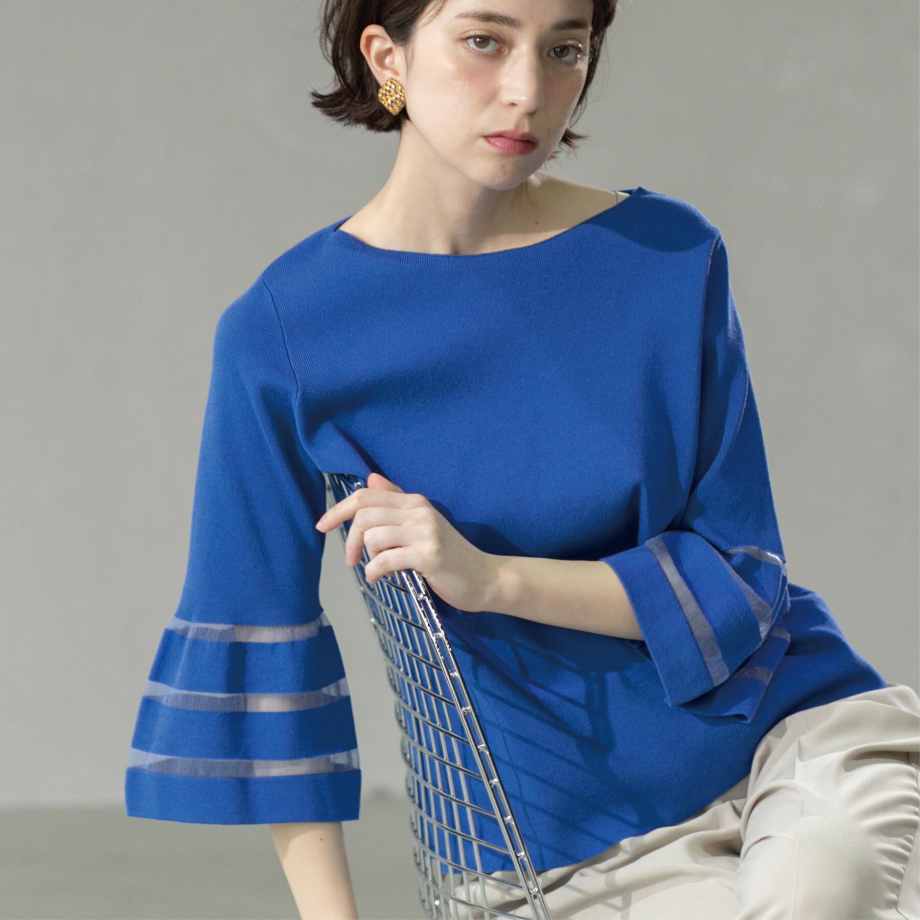 OPAQUE.CLIP「《6色展開》シアーボーダーフレアスリーブニット【洗濯機洗い可】」|ニット・セーター|