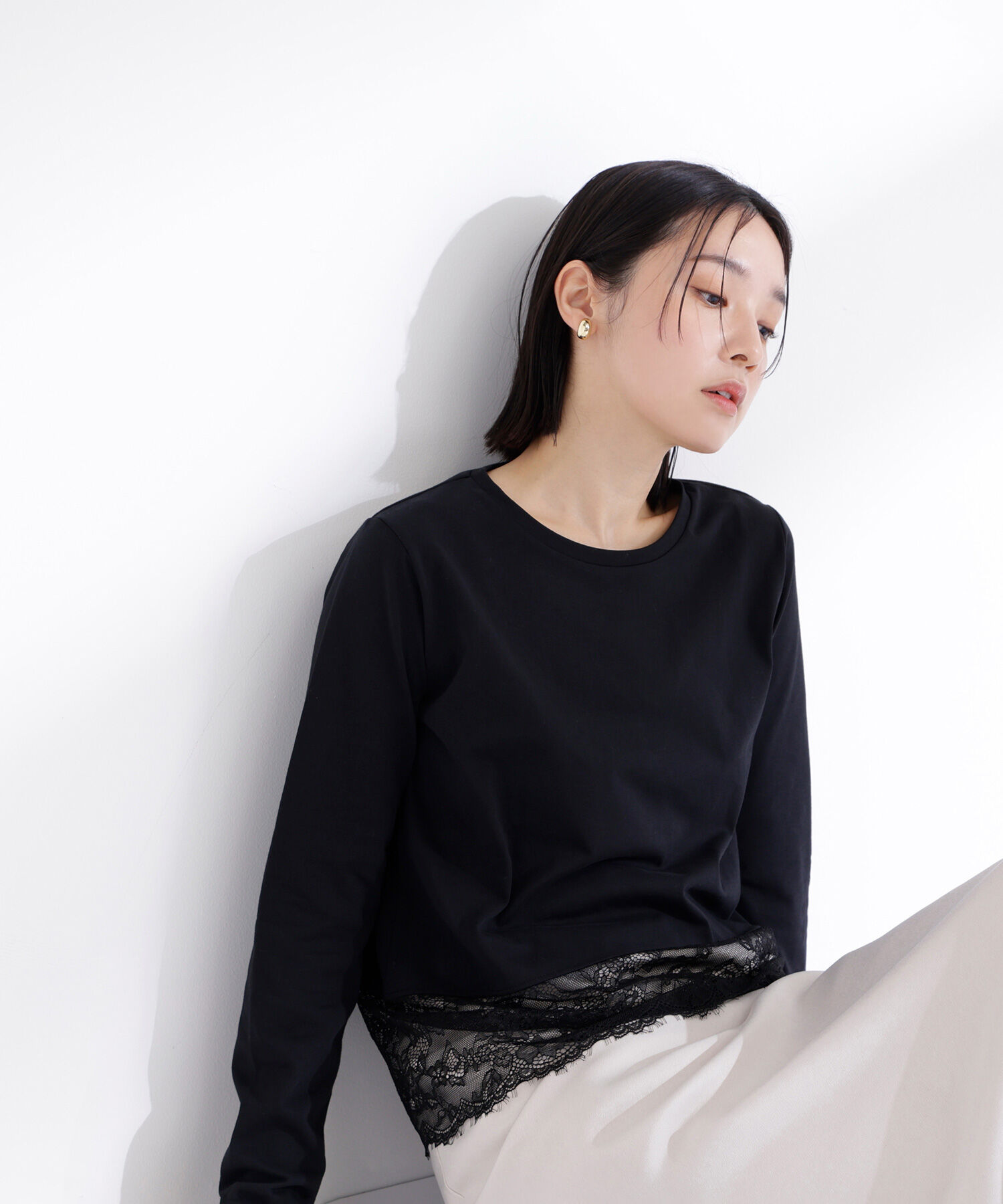  「レースドッキングカットソー」|Tシャツ・カットソー|ブラック