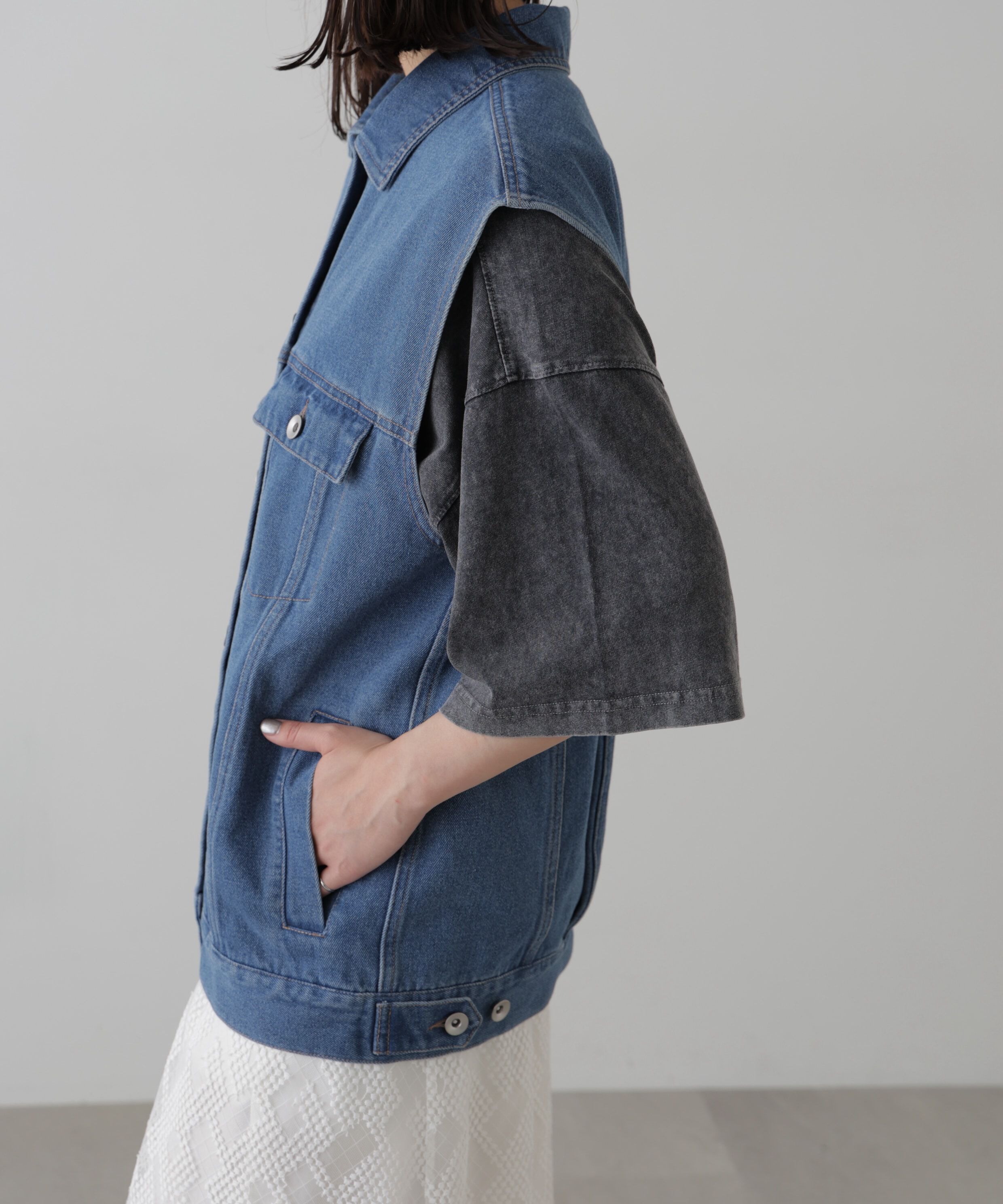  「ミドル丈デニムベスト」|ブルゾン・スタジャン|