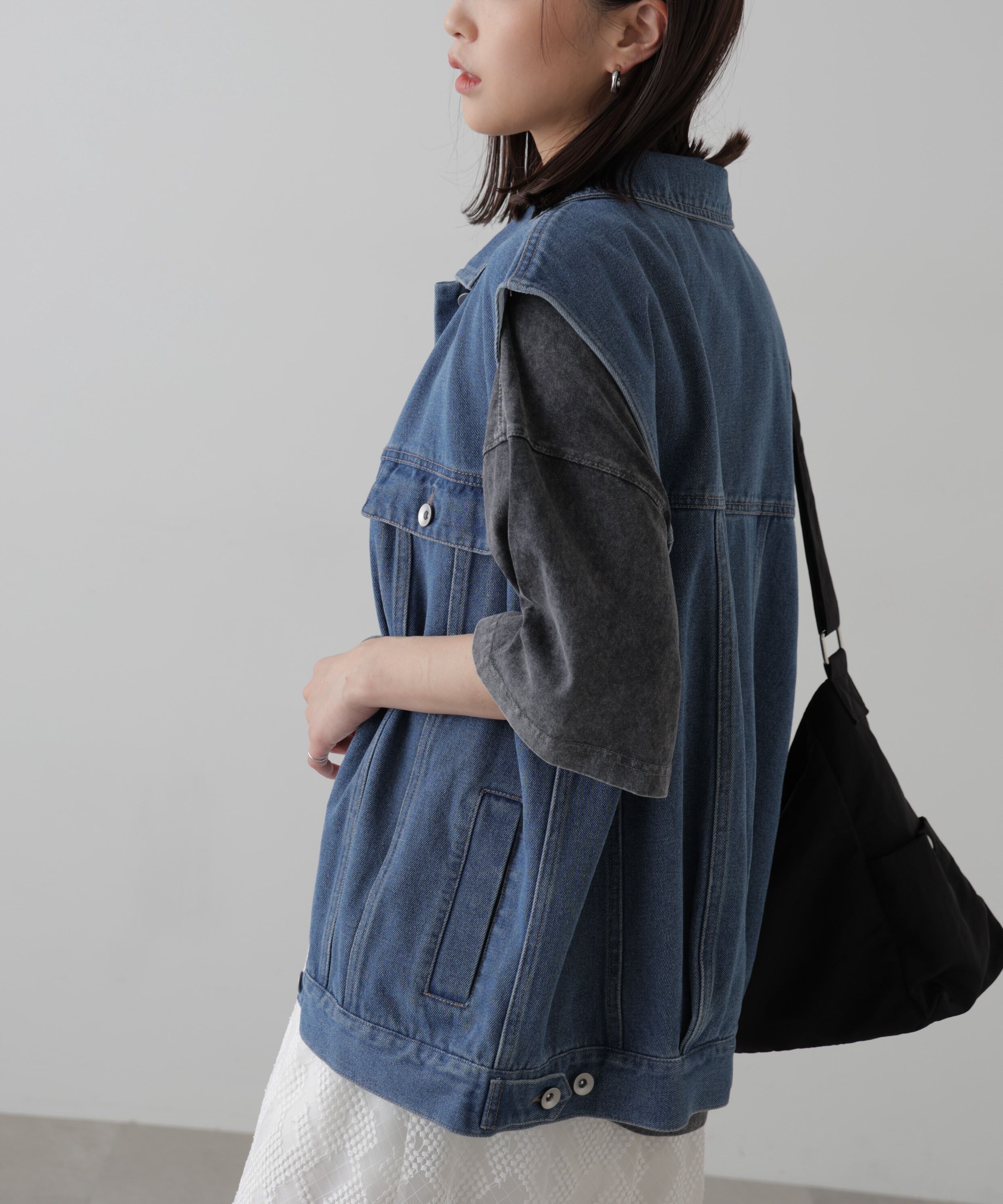  「ミドル丈デニムベスト」|ブルゾン・スタジャン|