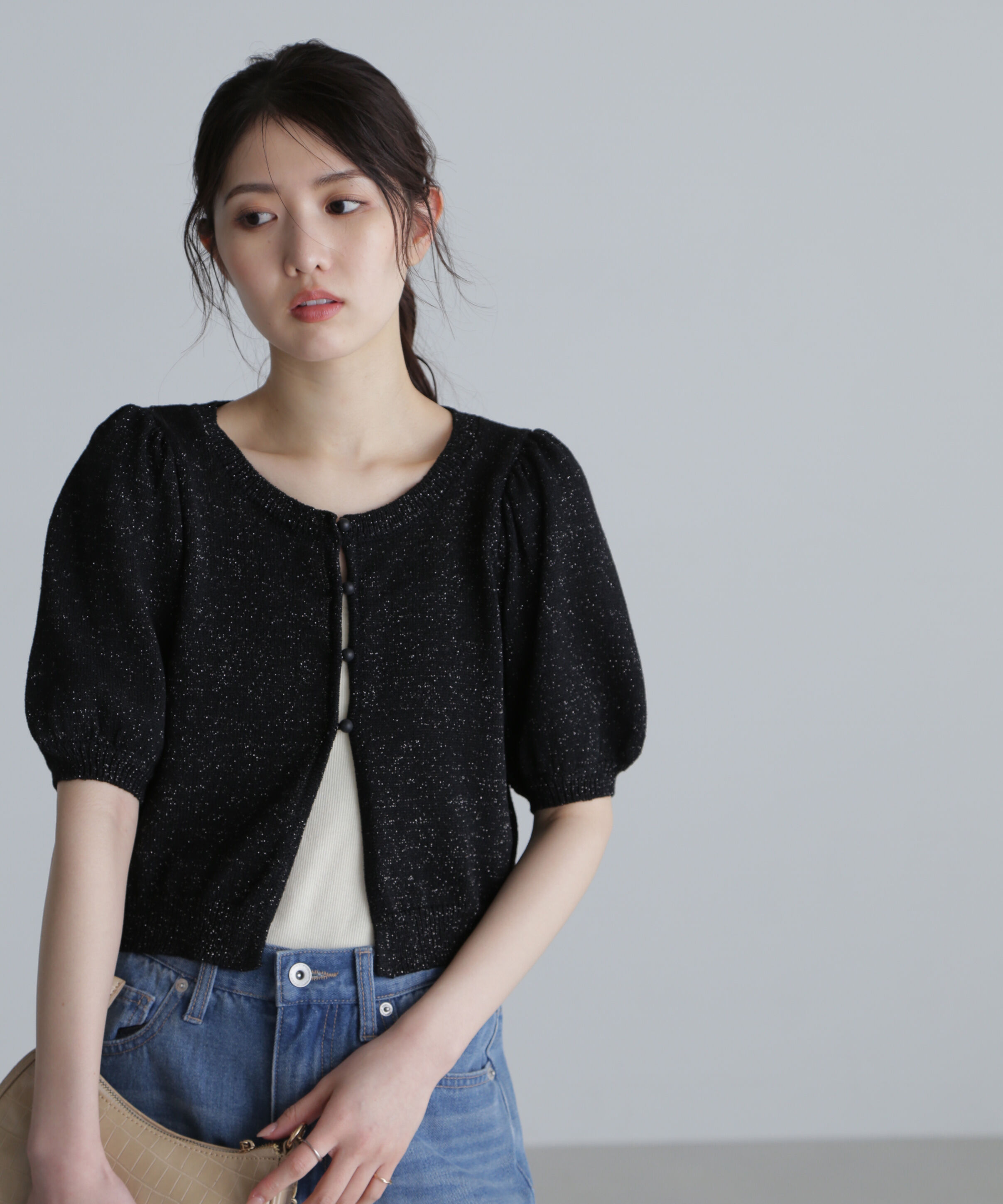  「ラメミックスパフスリーブニットカーディガン」|ニット・セーター|