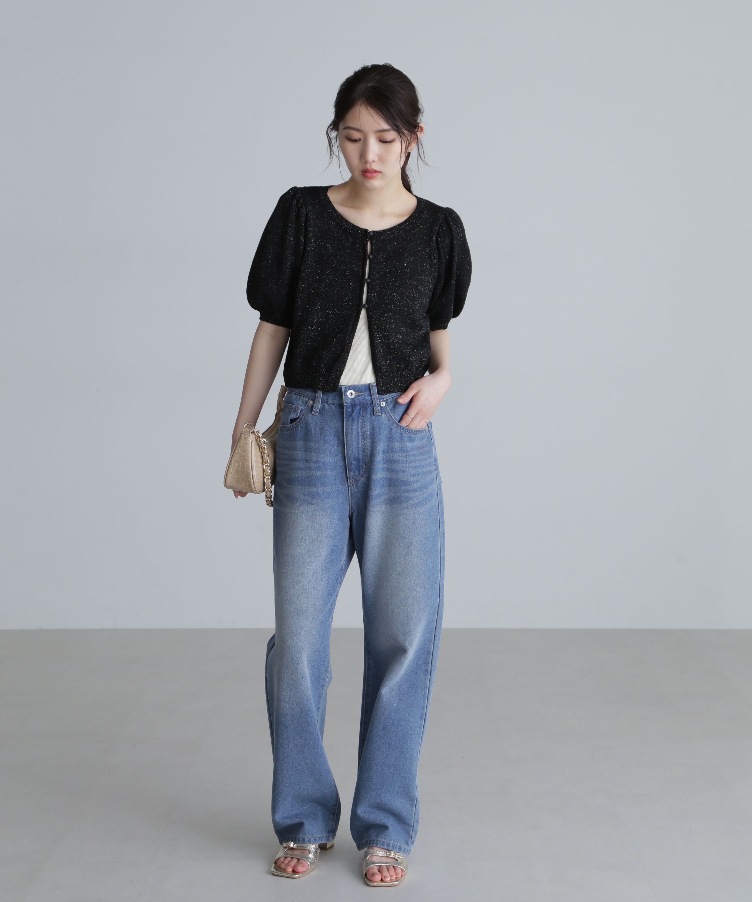  「ラメミックスパフスリーブニットカーディガン」|ニット・セーター|