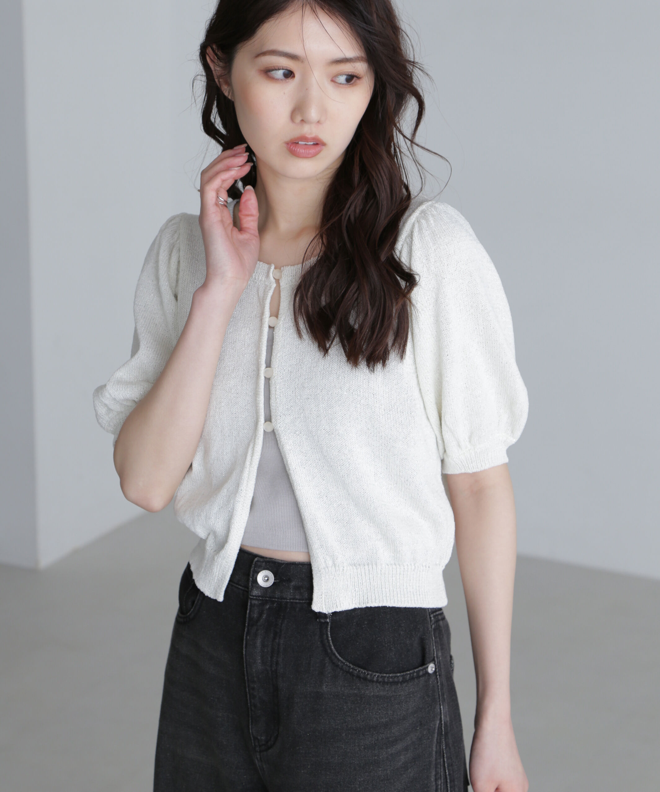  「ラメミックスパフスリーブニットカーディガン」|ニット・セーター|オフホワイト