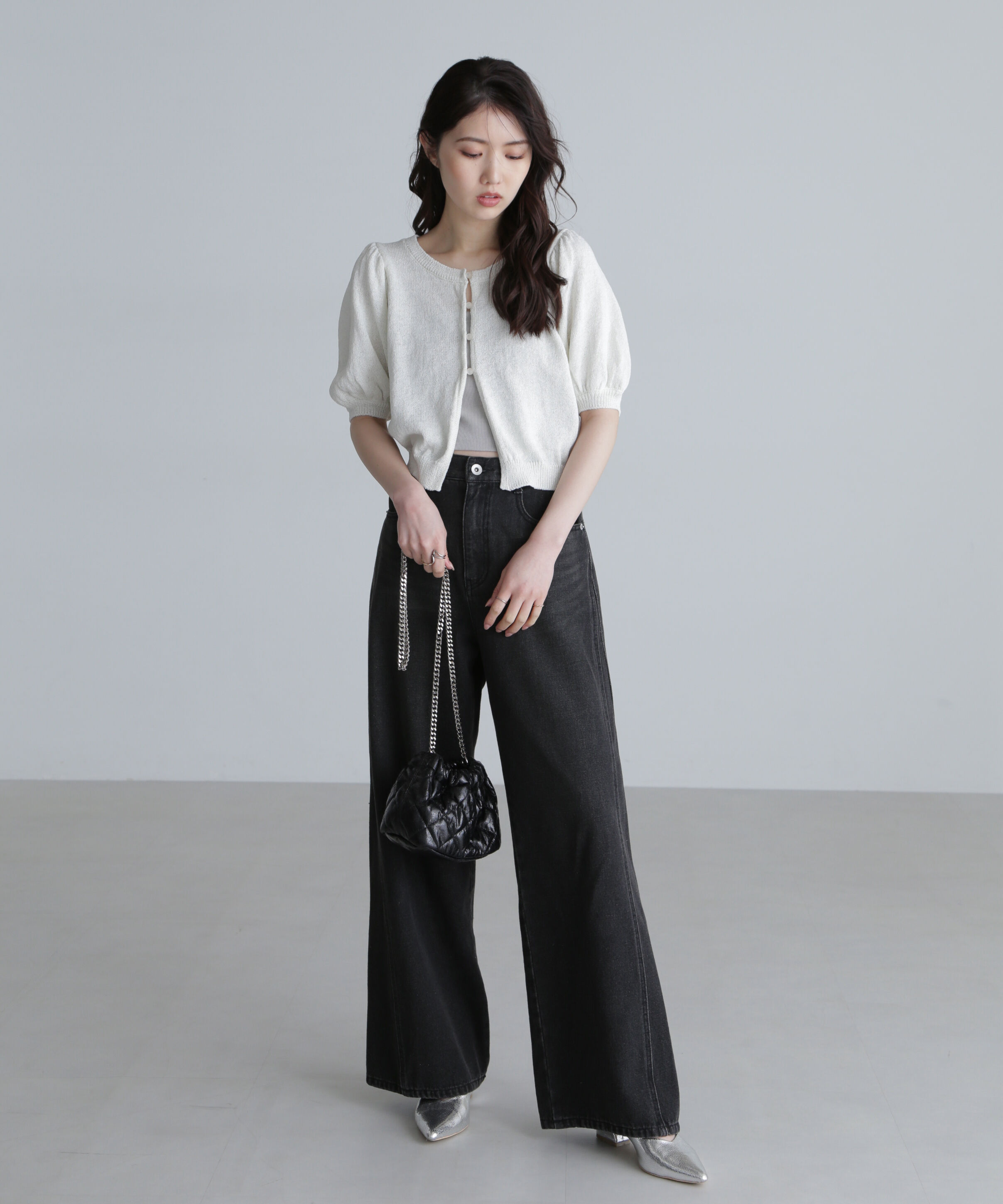  「ラメミックスパフスリーブニットカーディガン」|ニット・セーター|