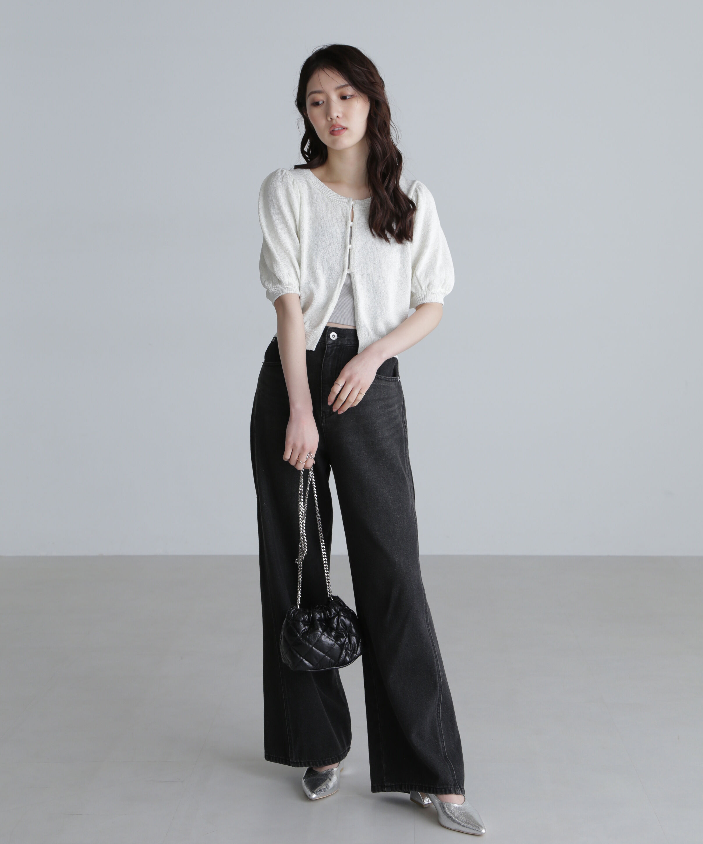  「ラメミックスパフスリーブニットカーディガン」|ニット・セーター|