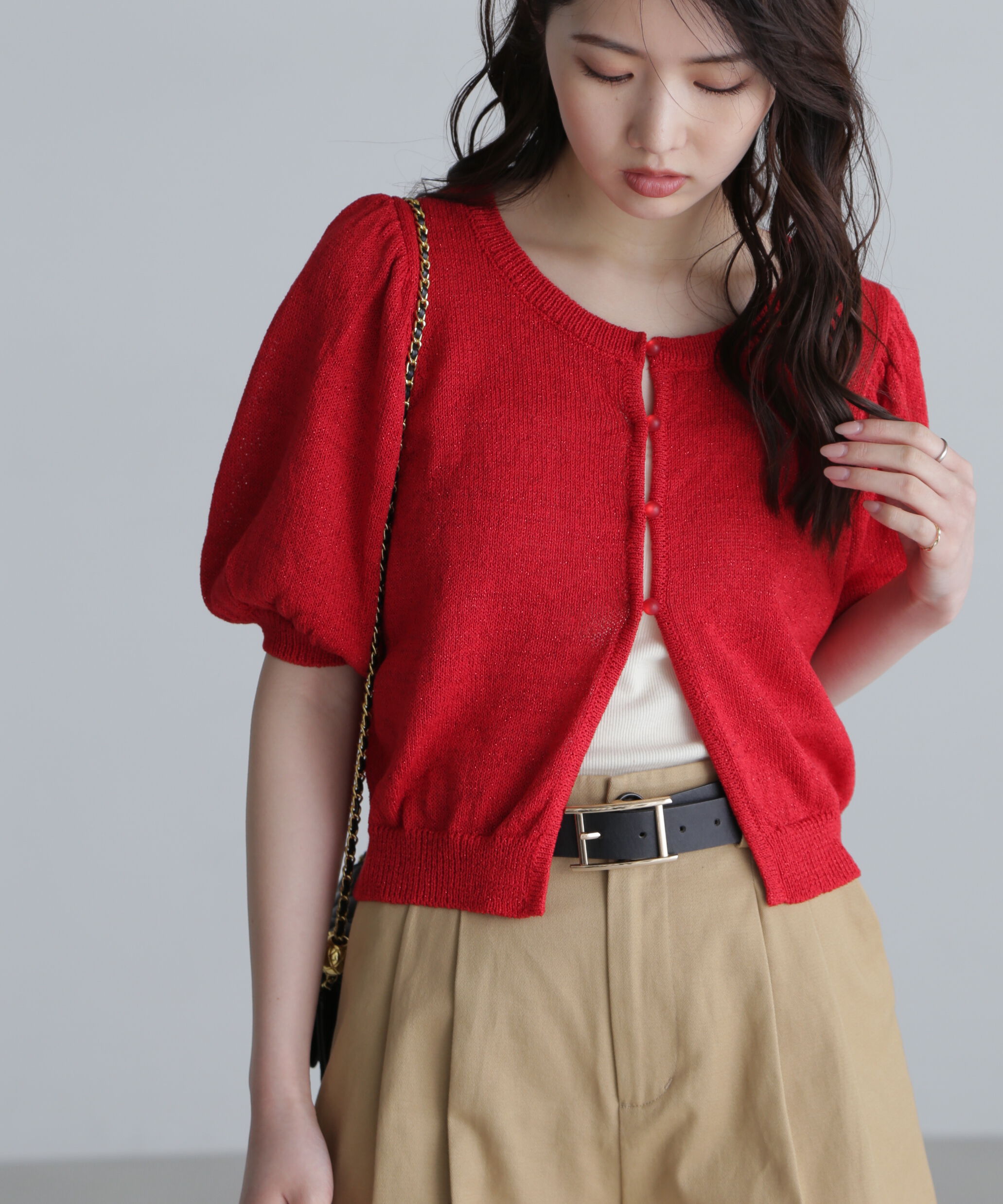  「ラメミックスパフスリーブニットカーディガン」|ニット・セーター|レッド