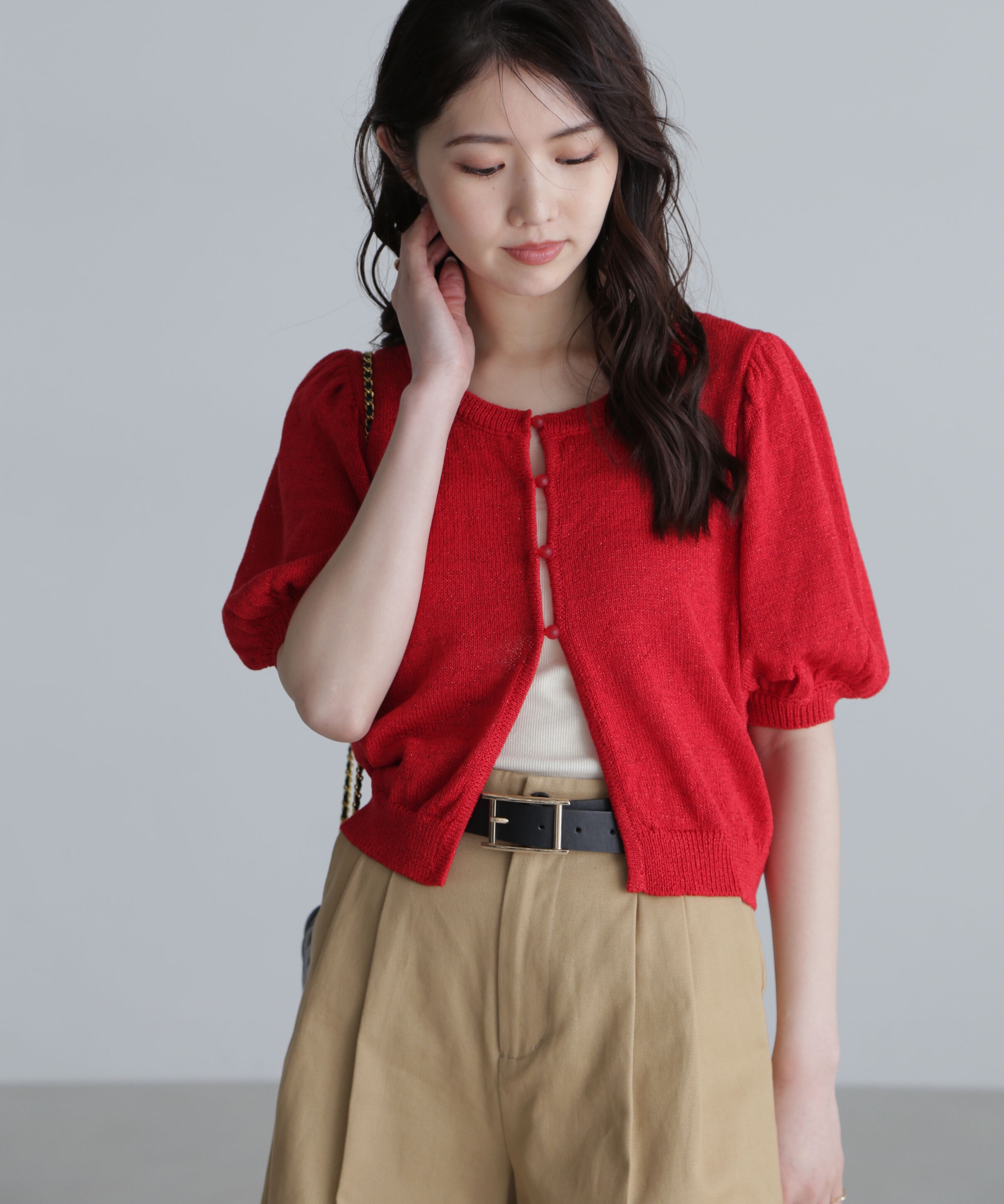  「ラメミックスパフスリーブニットカーディガン」|ニット・セーター|