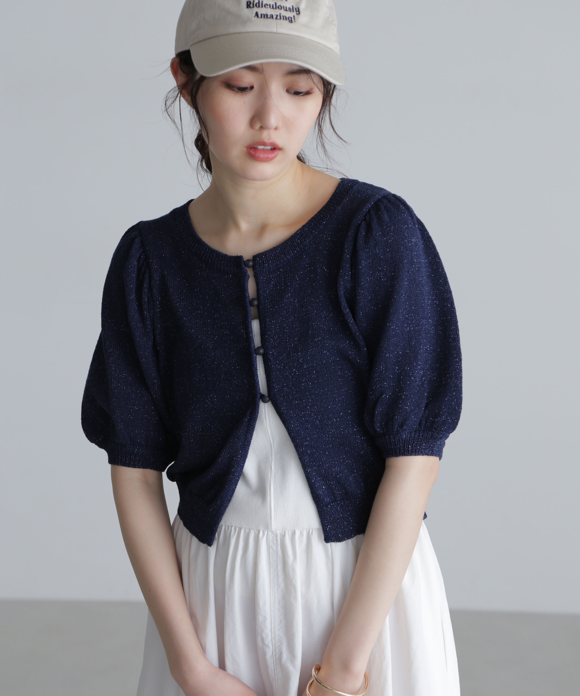  「ラメミックスパフスリーブニットカーディガン」|ニット・セーター|ネイビー