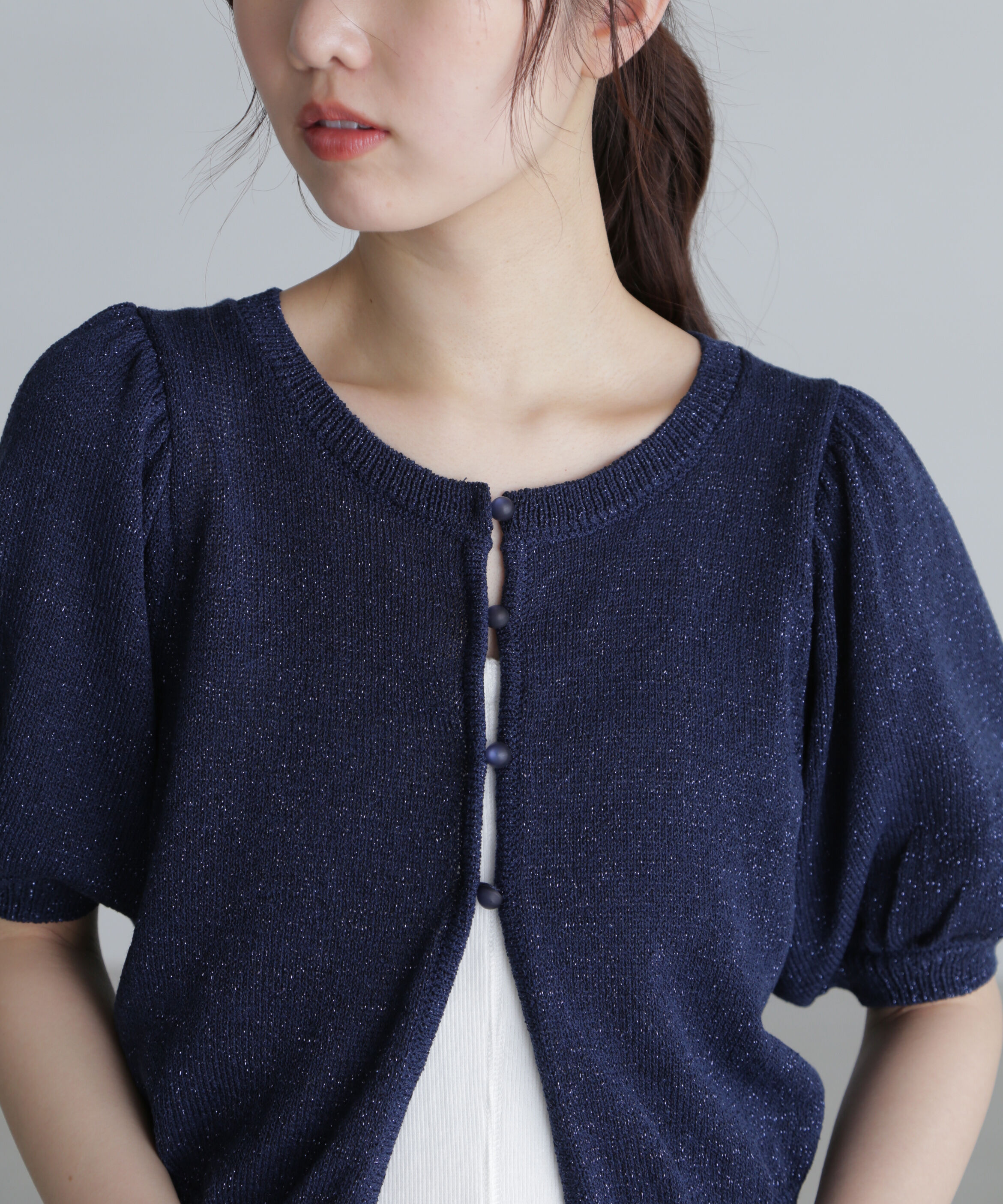  「ラメミックスパフスリーブニットカーディガン」|ニット・セーター|