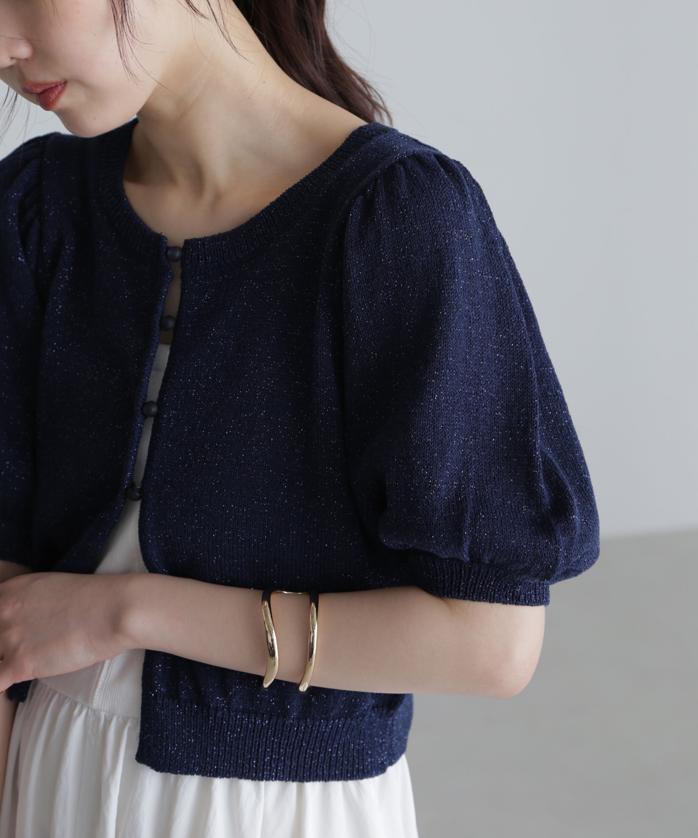  「ラメミックスパフスリーブニットカーディガン」|ニット・セーター|