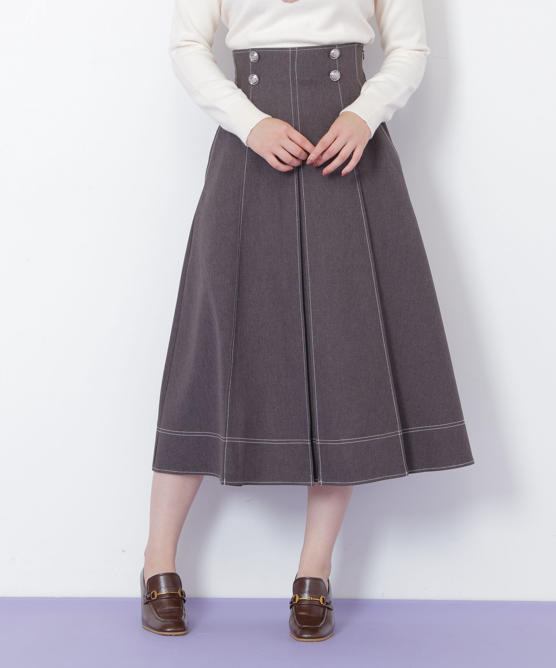  「フロント釦配色ステッチスカート」|スカート|