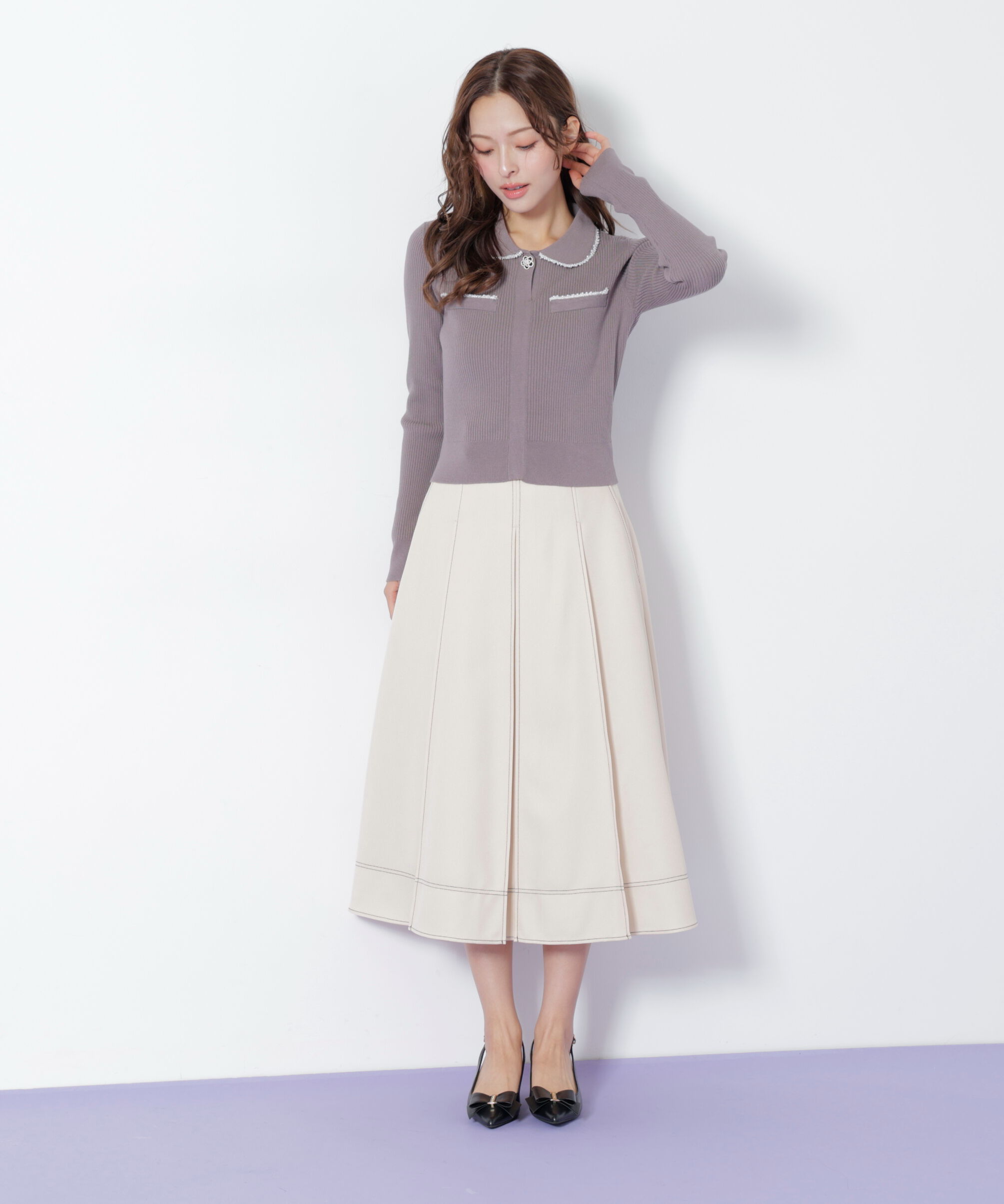  「フロント釦配色ステッチスカート」|スカート|