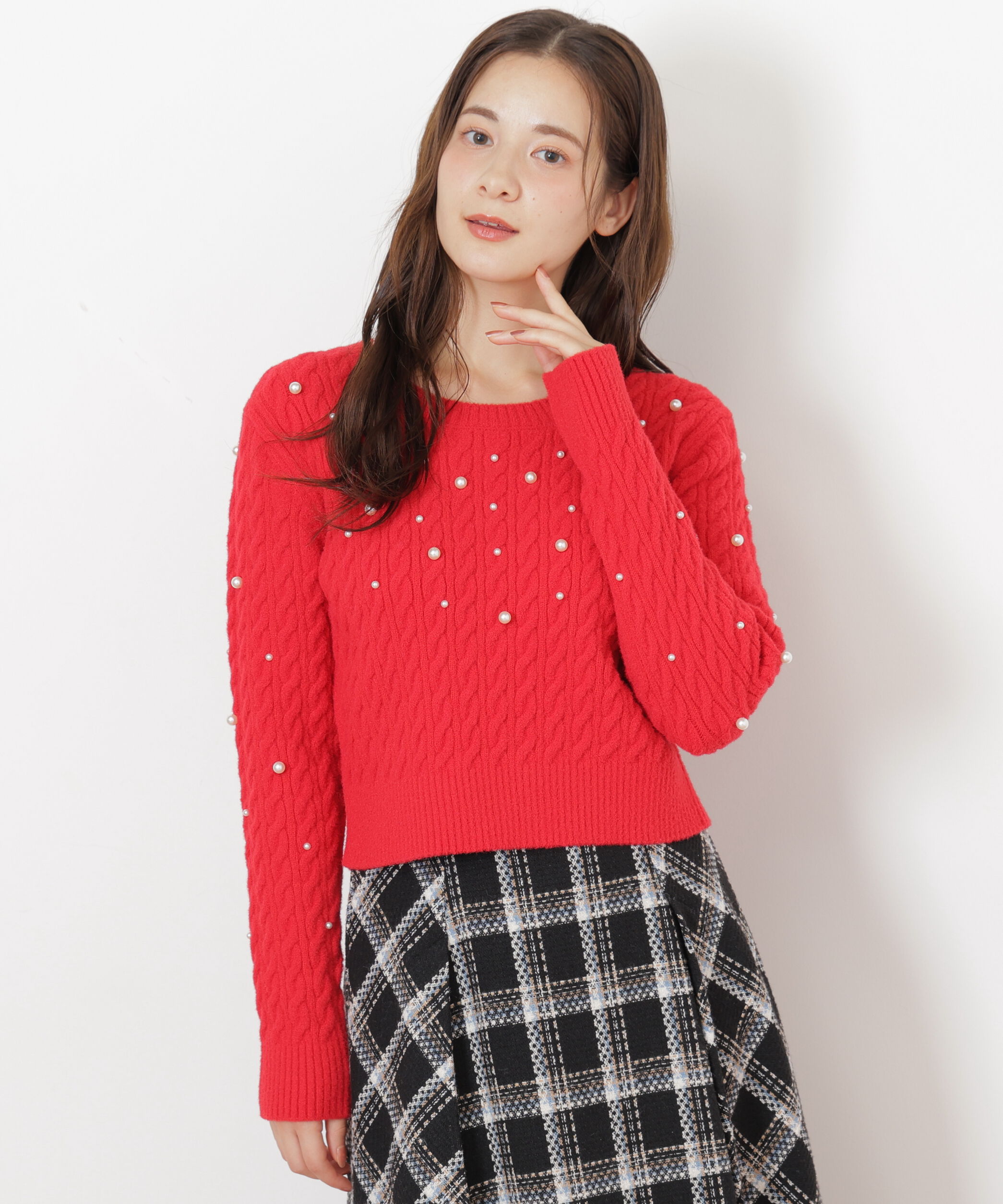  「ランダムパールミニケーブルニット」|ニット・セーター|レッド
