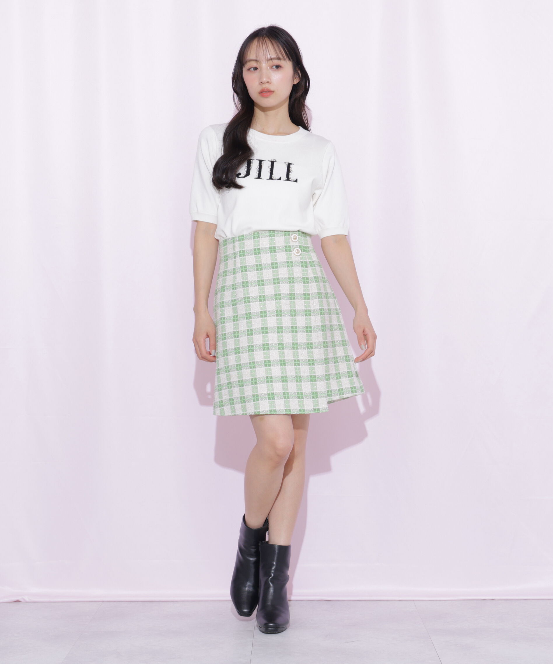  「ブロックチェックツィードミニスカート」|スカート|グリーン1