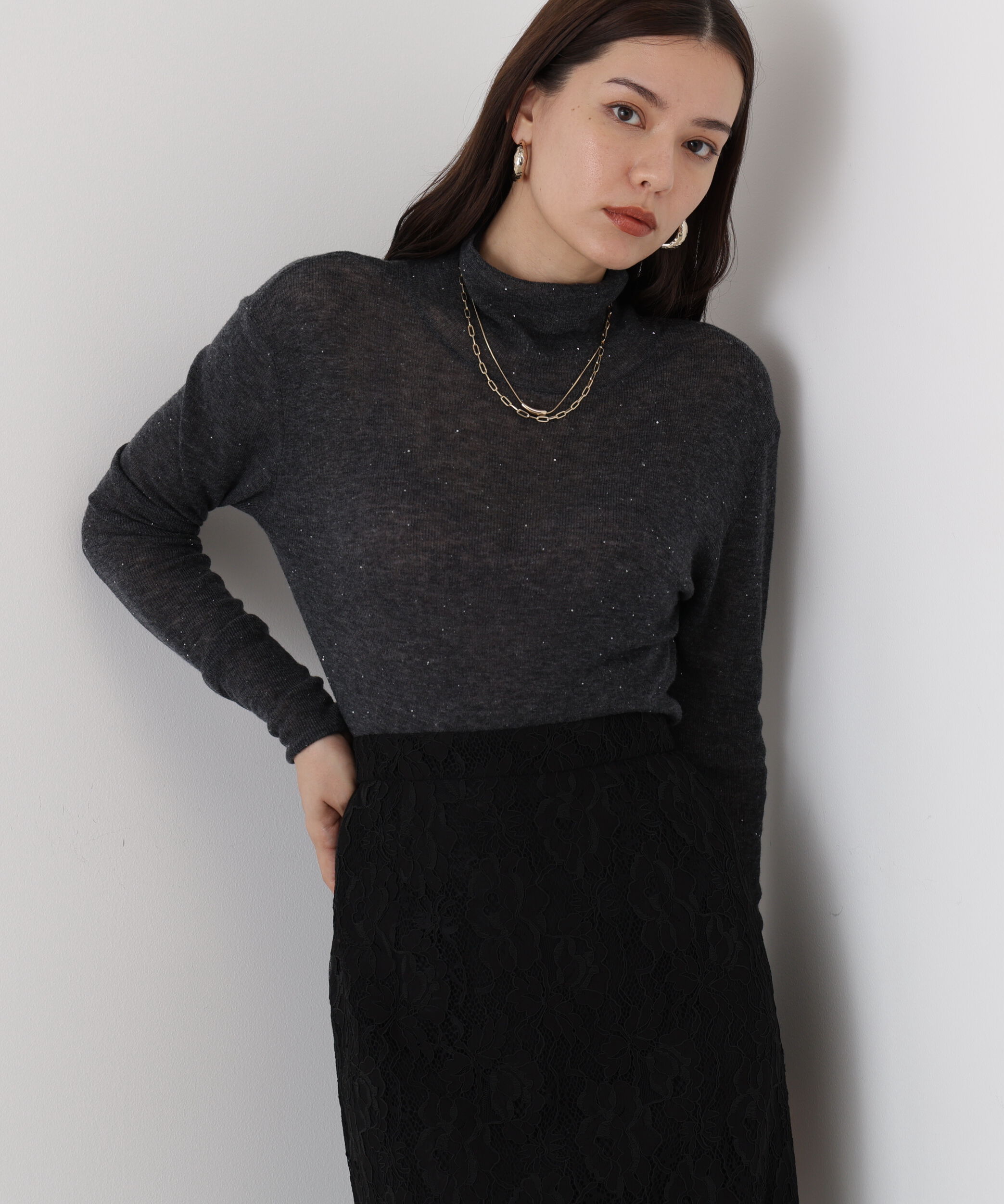  「◆スパンコールシアーモックネックプルオーバー」|ニット・セーター|