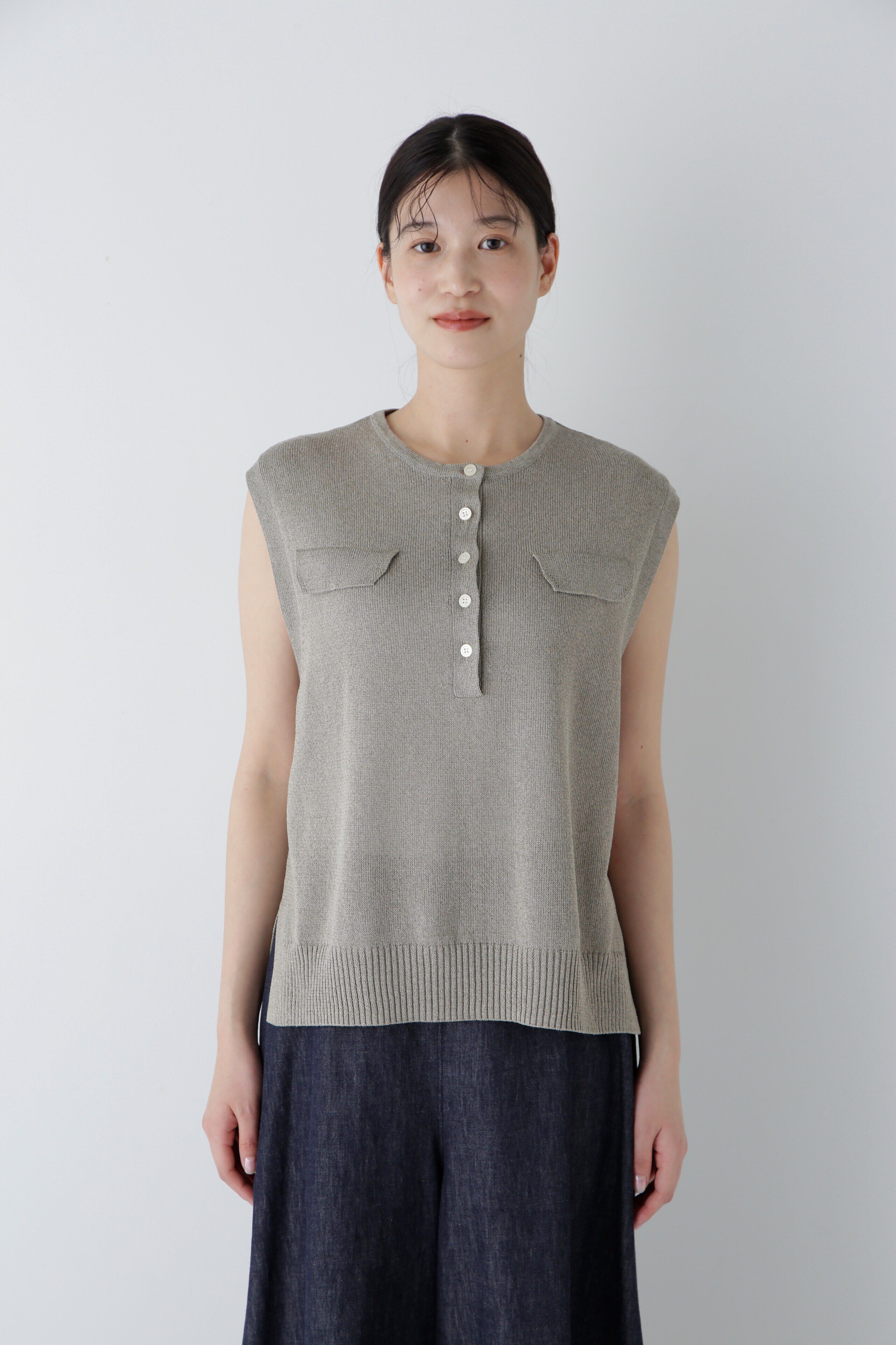  「◆【ウォッシャブル】ペーパーヤーンヘンリネックベスト」|ニット・セーター|