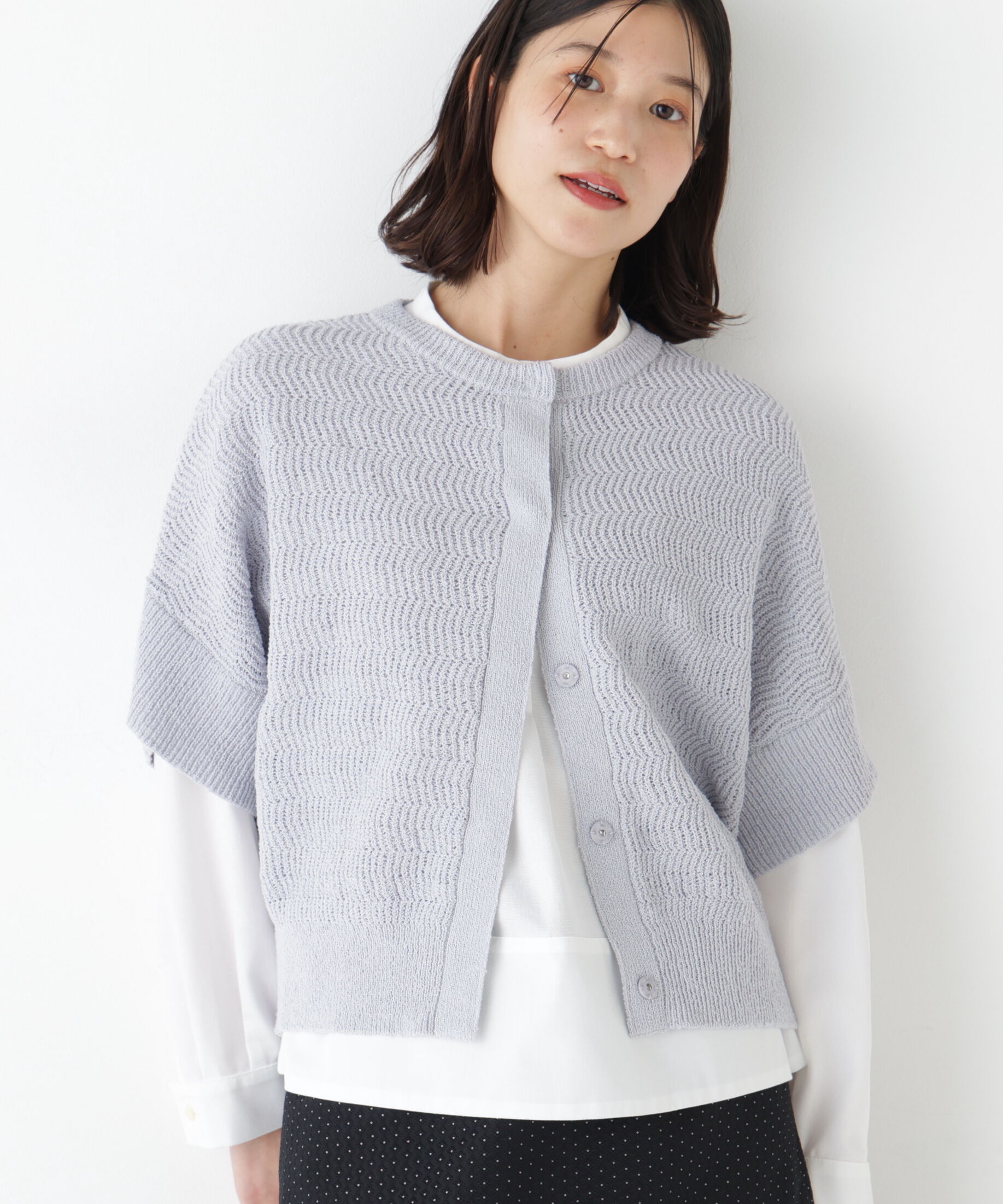  「◆綿ポリエステルヘリンボーン柄半袖はおり」|ニット・セーター|グレー