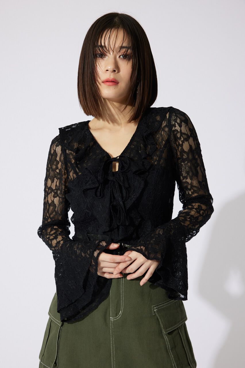 rienda「フロントフリル2WAYレースブラウス」|シャツ・ブラウス|BLK