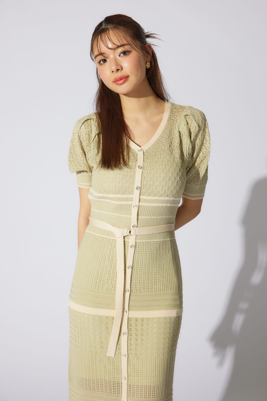 rienda「2WAYフリンジライン配色クロシェニットワンピース」|ワンピース|