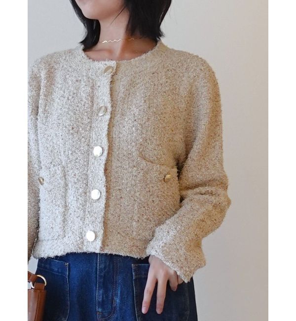 LAGUNAMOON「ミックスヤーンノーカラーニットカーディガン」|カーディガン|