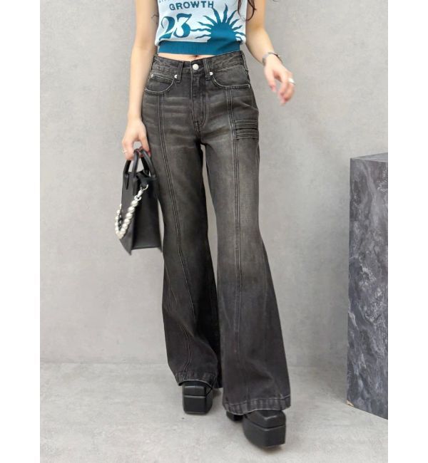 EVRIS「センターシームワイドフレアデニムパンツ」|デニム|ブラック