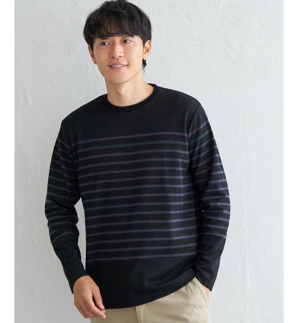 ikka「ダブルジャカードボーダーロンT」|Tシャツ・カットソー|ブラック