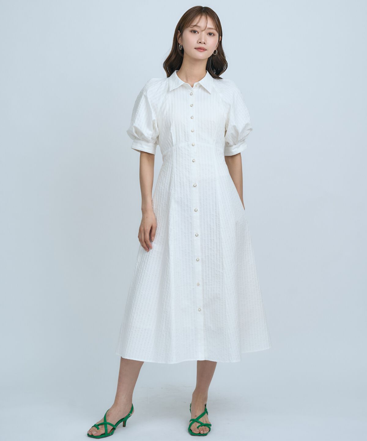 アンドクチュール「ボリュームスリーブストライプワンピース」|ワンピース|white/borderｽﾄﾗｲﾌﾟ