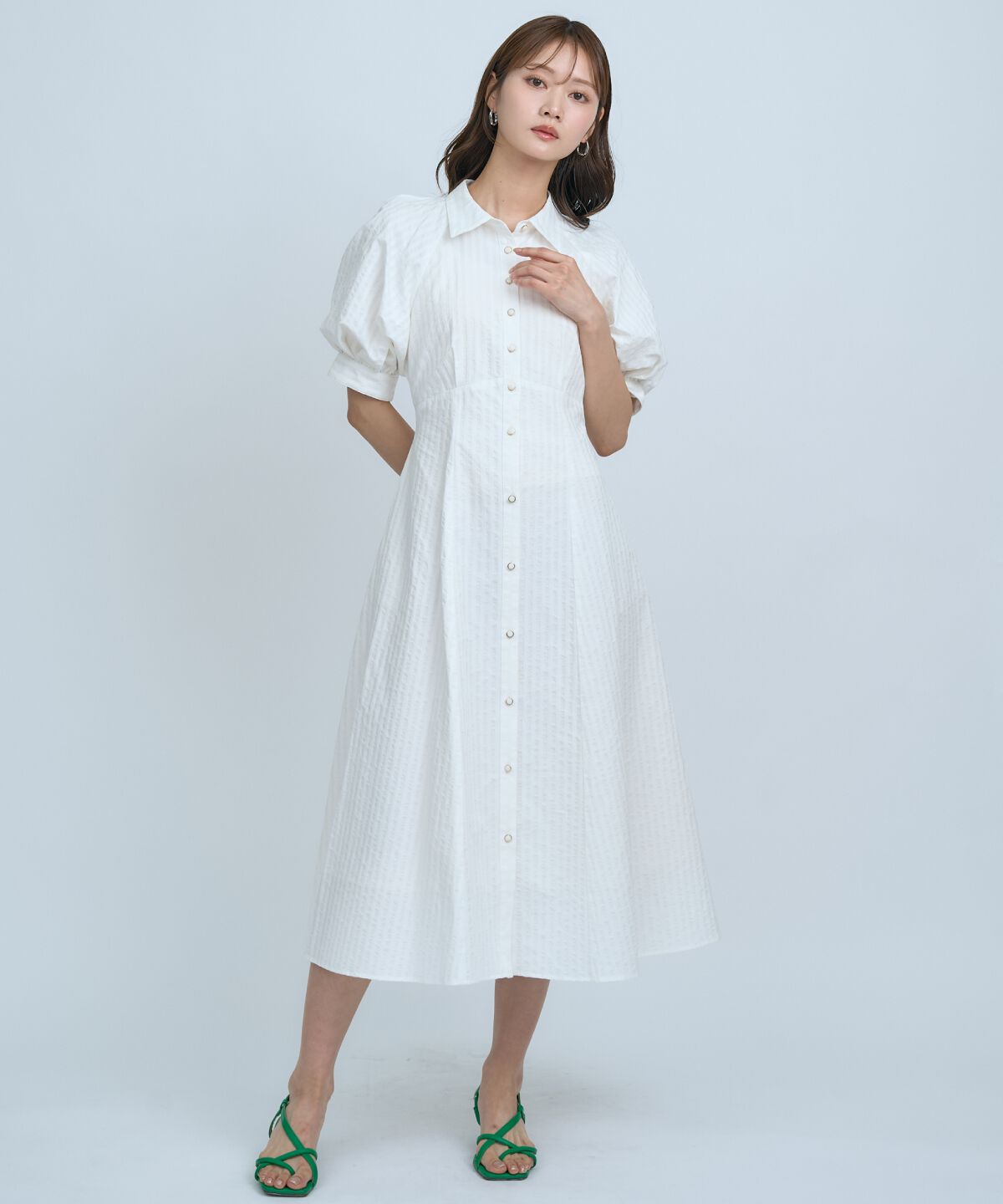 アンドクチュール「ボリュームスリーブストライプワンピース」|ワンピース|